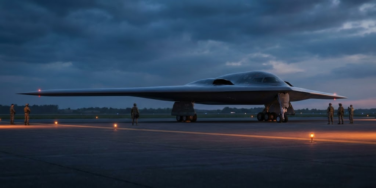 Bombardeiro furtivo B-21 Raider em uma pista militar sob luz dramática de crepúsculo