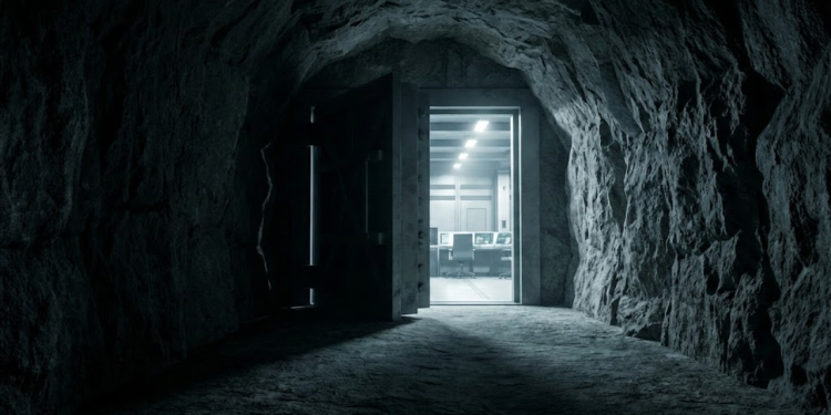 Gigantesca porta blindada de aço aberta em um túnel rústico de granito.