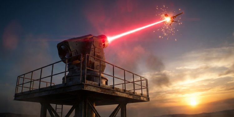 Canhão militar disparando um raio laser intenso que derrete um drone no céu.