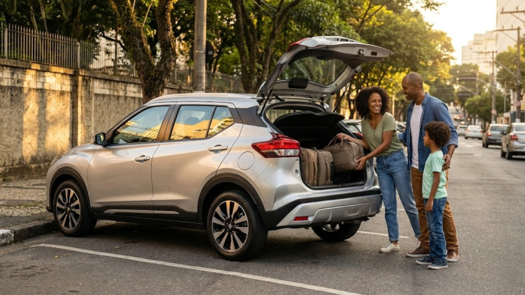 Feliz família guardando malas no espaçoso porta-malas do Nissan Kicks