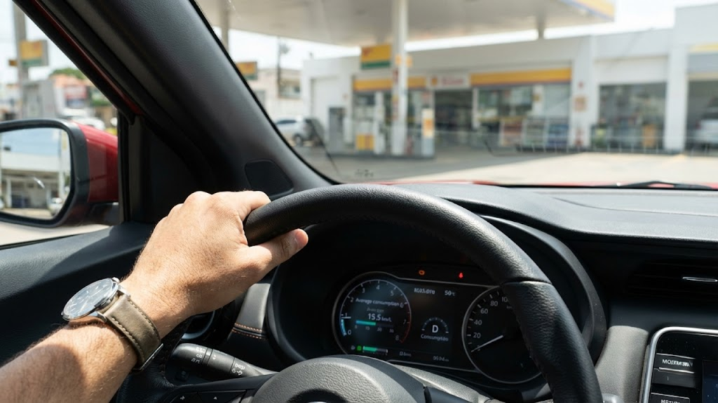 Visão em primeira pessoa do painel de Chuta com posto de gasolina ao fundo.