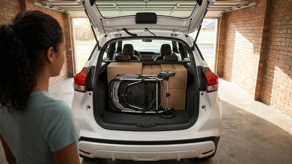 Mamãe olhando no porta-malas cheio de caixas e carrinho de bebê na garagem