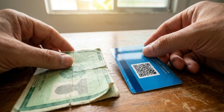 Visão em primeira pessoa comparando o antigo RG de papel rasgado com a nova identidade moderna.