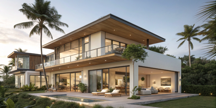 Casa de praia tropical com varanda gourmet une lazer, conforto climático e integração dos ambientes