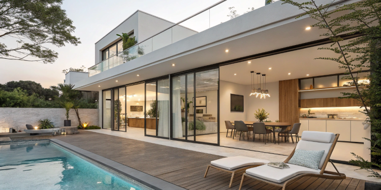 Loft de 40 metros quadrados com design minimalista, integração total à piscina e deck para jovens profissionais