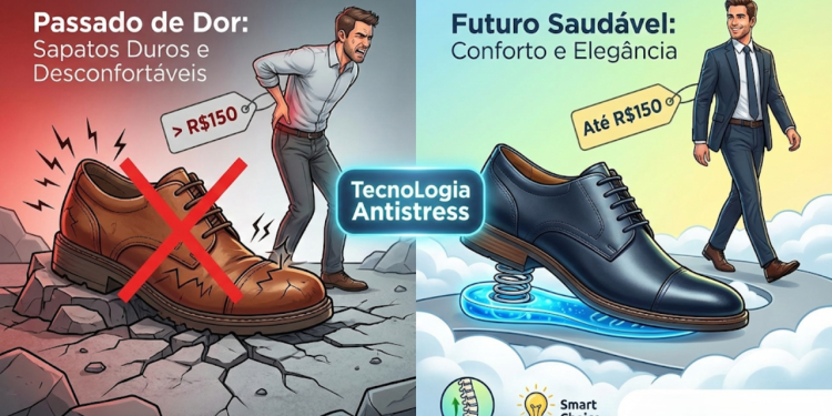 Fim das dores nos pés masculinos, sapatos sociais e casuais de até R$ 150 com tecnologia anti stress para quem trabalha pesado