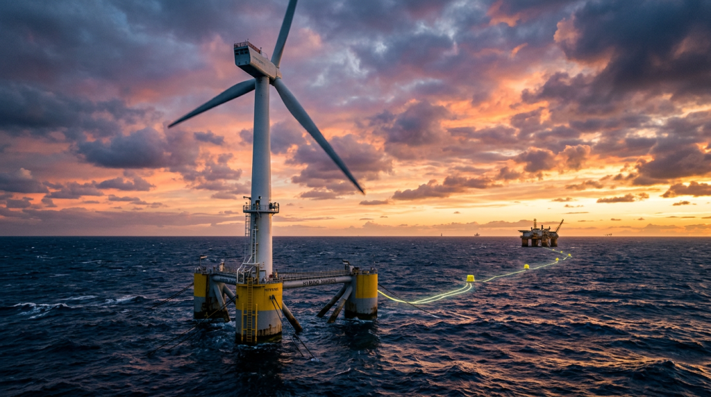 A colossal torre eólica flutuante instalada no meio do mar revolto que fornece energia limpa diretamente para plataformas de petróleo