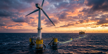 A colossal torre eólica flutuante instalada no meio do mar revolto que fornece energia limpa diretamente para plataformas de petróleo