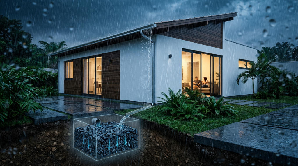 A solução com reservatório de retardo que evita acúmulo de água em casas de 90m²