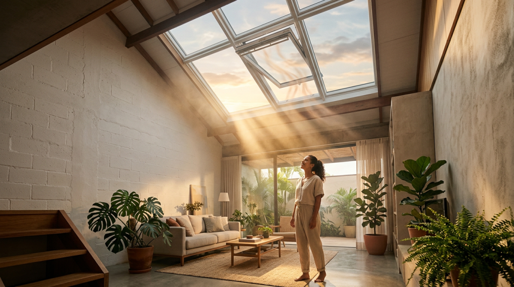 Casa compacta de 85 metros quadrad usa claraboia termoacústica para ventilar naturalmente