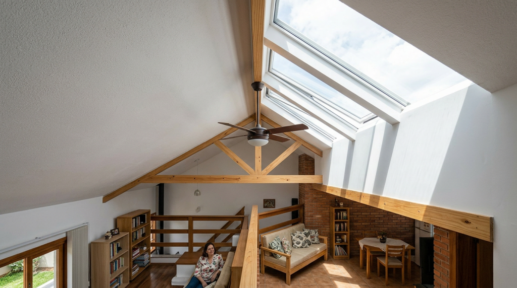 Casa compacta de 85 metros quadrad usa claraboia termoacústica para ventilar naturalmente