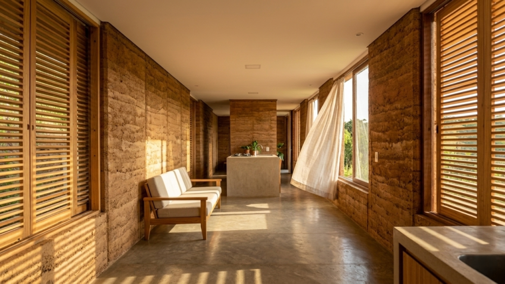 Casa de 52 metros quadrados com paredes respirantes que regulam umidade e temperatura naturalmente.