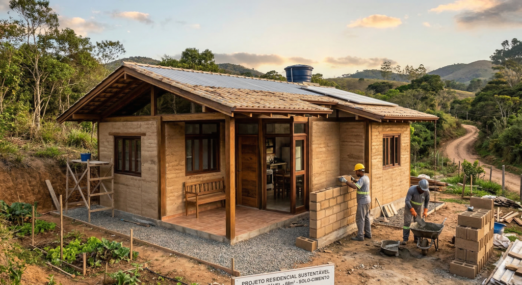 Projeto de casa de 68m² com solo-cimento