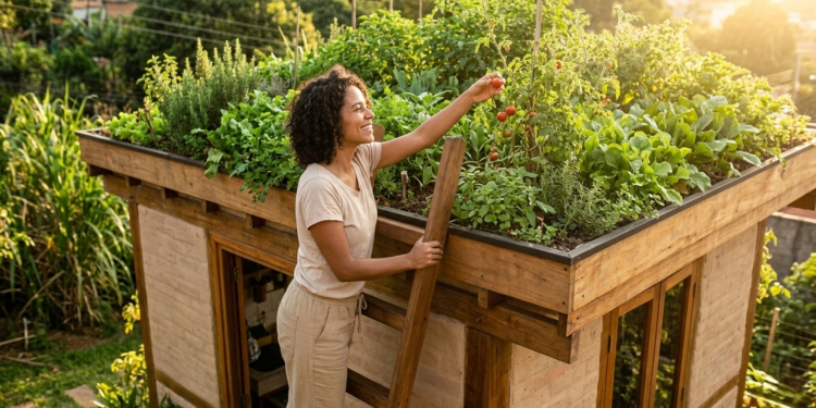 Casa compacta de 48 m² com telhado vivo produtivo que regula temperatura e produz alimentos frescos o ano inteiro.