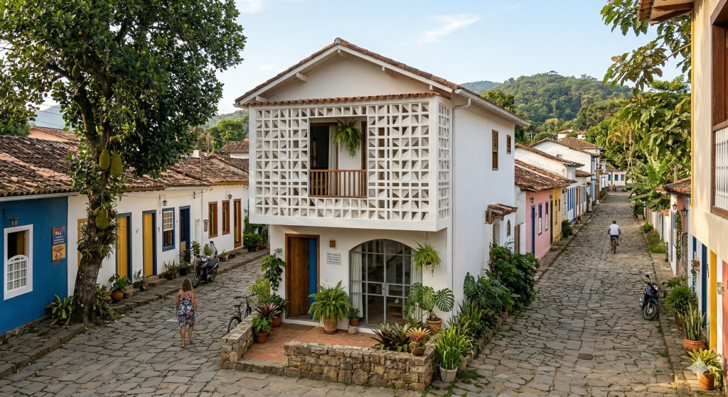 Projeto de casa de vila com fachada de cobogós de 72 metros quadrados
