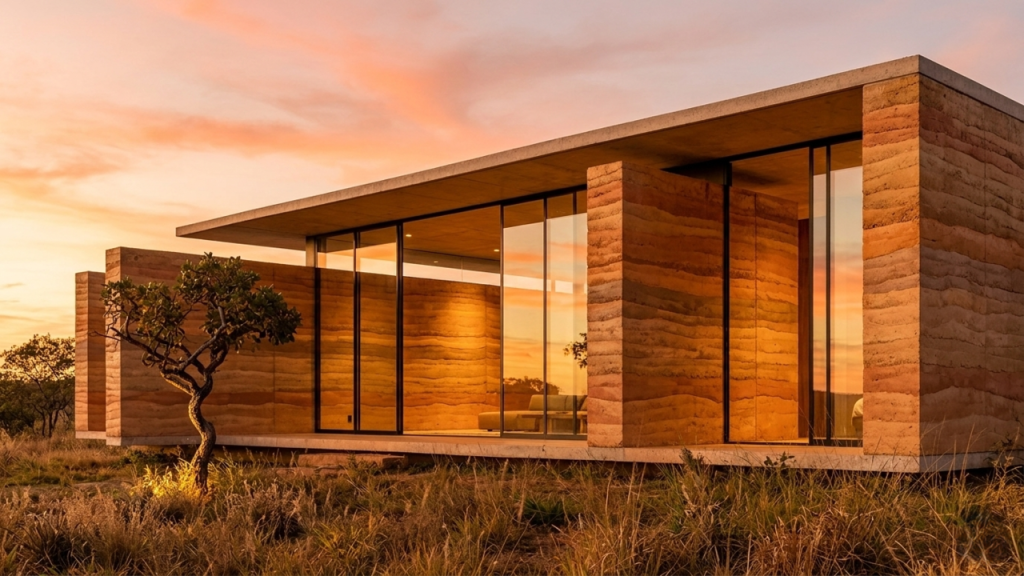 Residência de 65 metros quadrados que utiliza solo local e tecnologia de compressão para criar paredes esculturais com desempenho térmico natural superior.