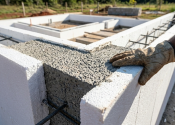 A residência de 60 m² em fôrmas isolantes que mantém a temperatura interna constante, unindo a solidez do concreto ao máximo conforto térmico.