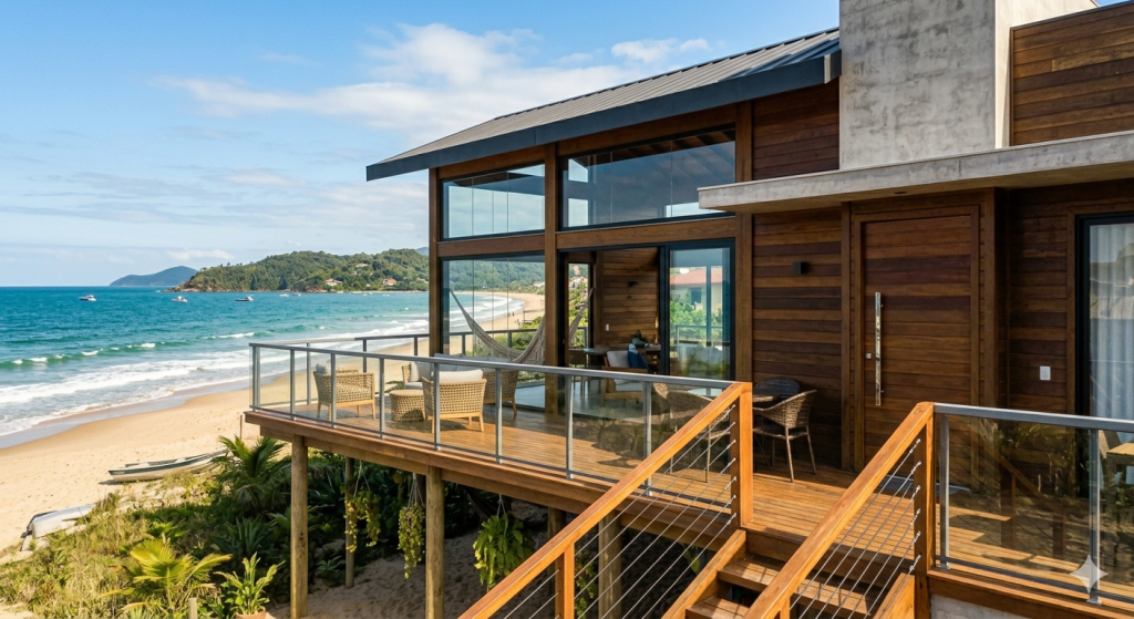 Casa de praia com palafitas modernas de 82 metros quadrados