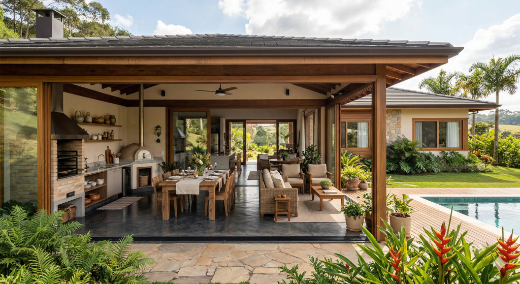 Casa térrea com varanda gourmet integrada de 90 metros quadrados