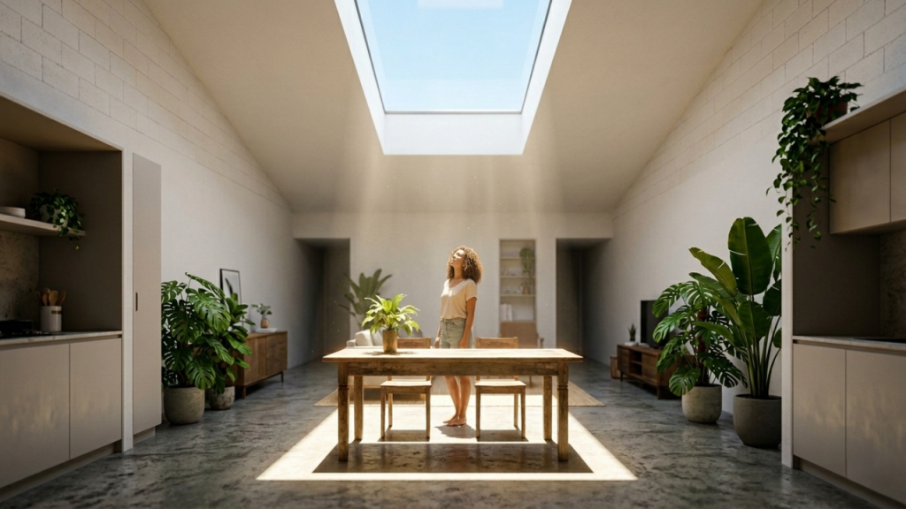A casa compacta de 55 metros quadrados que utiliza janelas zenitais e claraboias estratégicas para eliminar a necessidade de luz artificial durante o dia