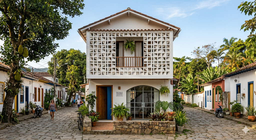Projeto de casa de vila com fachada de cobogós de 72 metros quadrados
