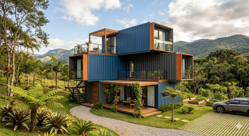 Casa modular com estrutura de containers de 60 metros quadrados une rapidez de obra, estilo industrial e baixo custo