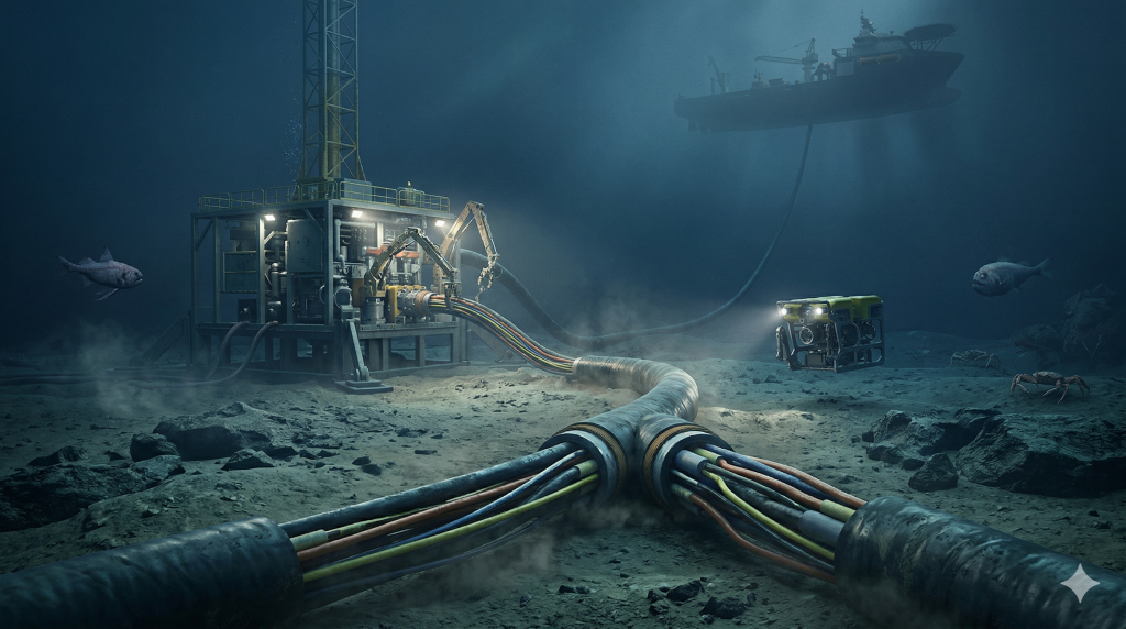 Conexão de cabos umbilicais sob águas profundas alimenta equipamentos submarinos com energia e viabiliza a extração remota hoje