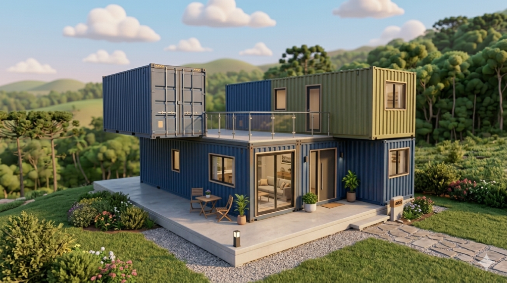 Casa modular com estrutura de containers de 60 metros quadrados une rapidez de obra, estilo industrial e baixo custo