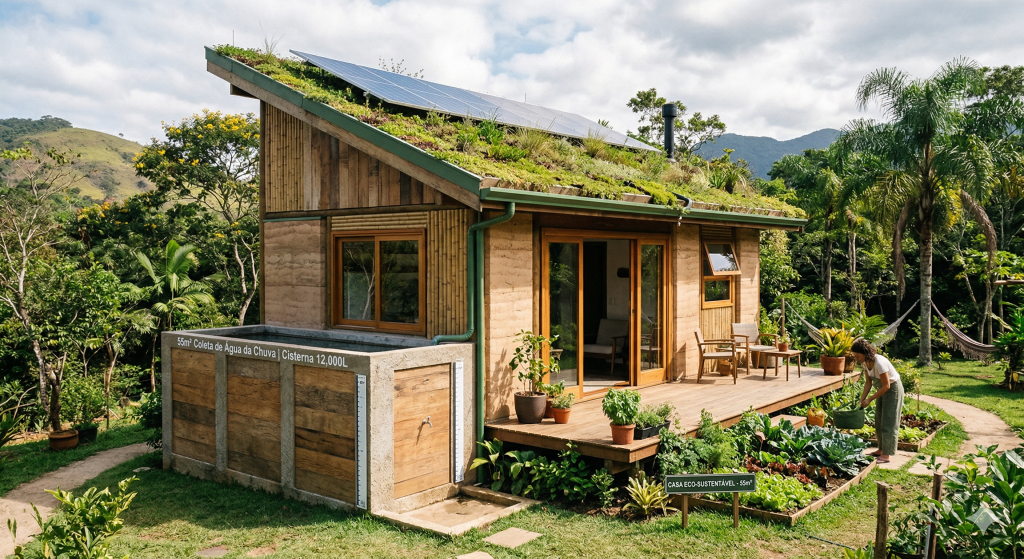 Casa sustentável com cisterna embutida de 55 metros quadrados