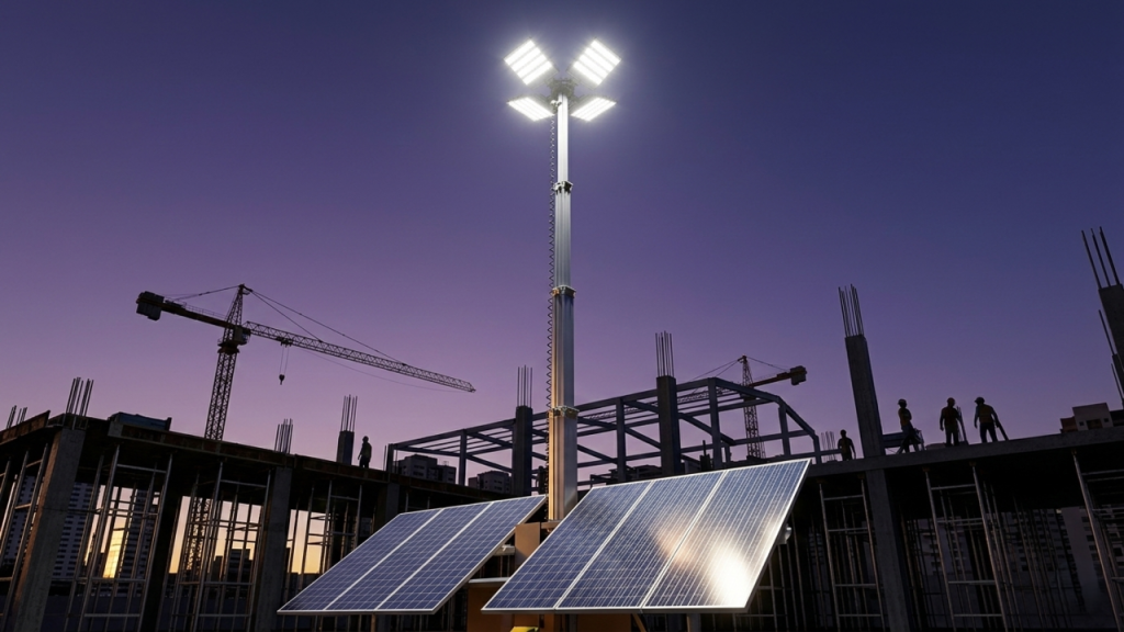 A torre de iluminação telescópica movida a energia solar que substitui os antigos geradores ruidosos para clarear grandes construções noturnas