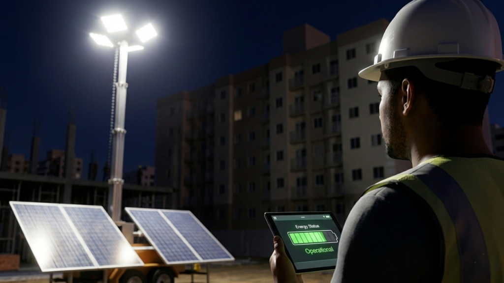 A torre de iluminação telescópica movida a energia solar que substitui os antigos geradores ruidosos para clarear grandes construções noturnas