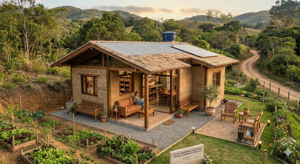 Projeto de casa de 68m² com solo-cimento