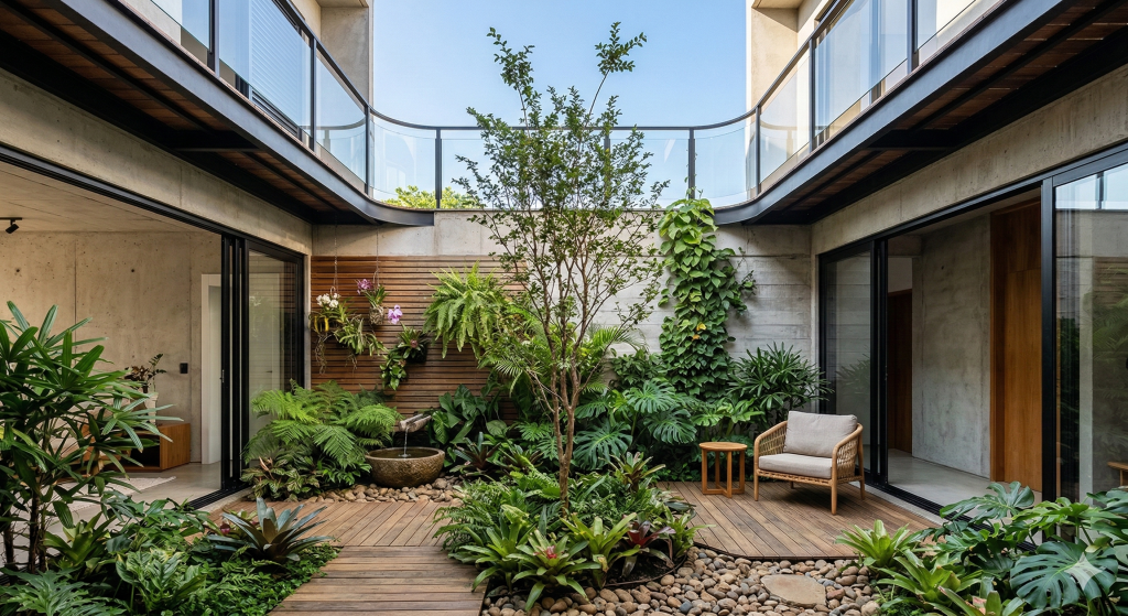 projeto de sobrado compacto com jardim interno de 85 metros quadrados