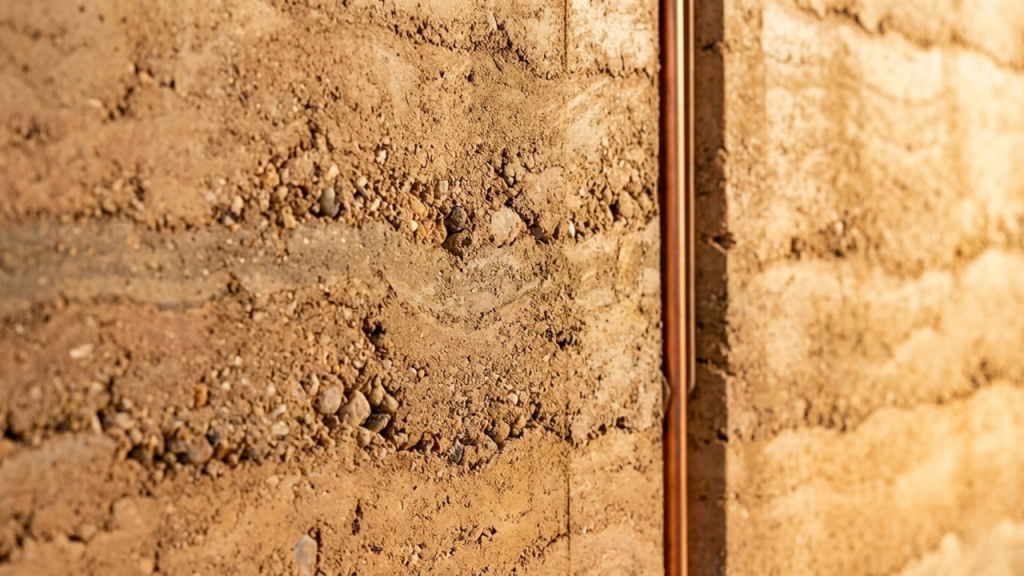 Residência de 65 metros quadrados que utiliza solo local e tecnologia de compressão para criar paredes esculturais com desempenho térmico natural superior.