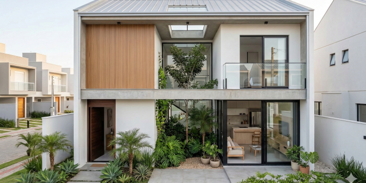 Veja como um projeto de sobrado compacto com jardim interno de 85 metros