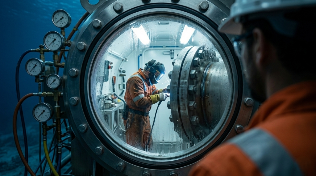 O equipamento de solda especial e altamente perigoso que permite unir peças de aço estrutural a milhares de metros embaixo da água