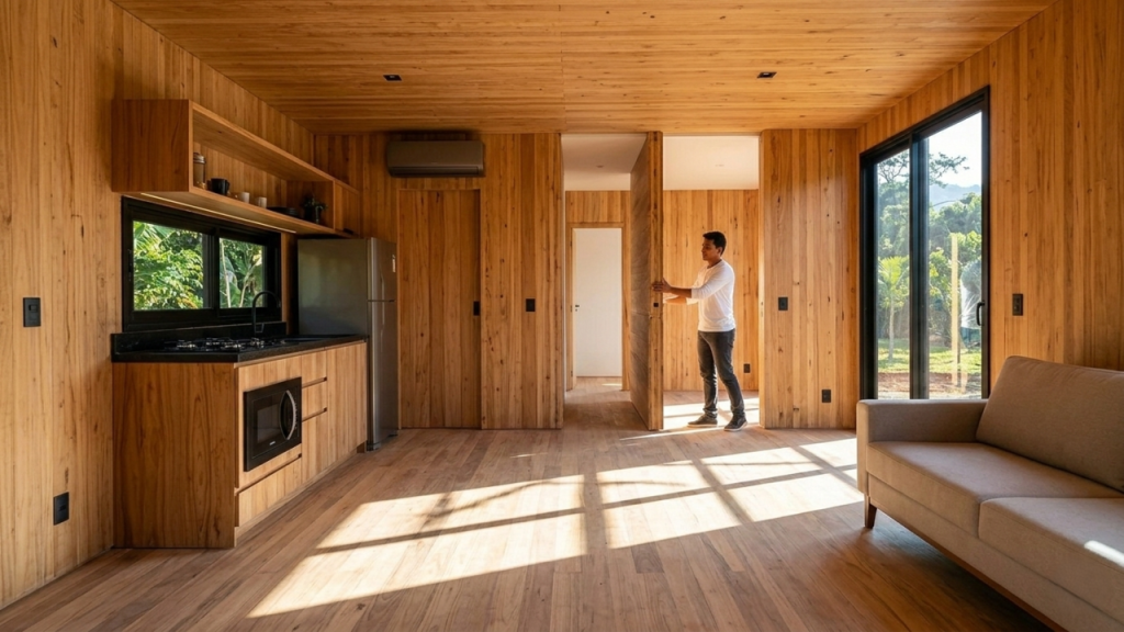 Projeto modular de 48 m² que utiliza madeira engenheirada para uma montagem ultrarrápida, transformando a obra em um processo de montagem de alta precisão.