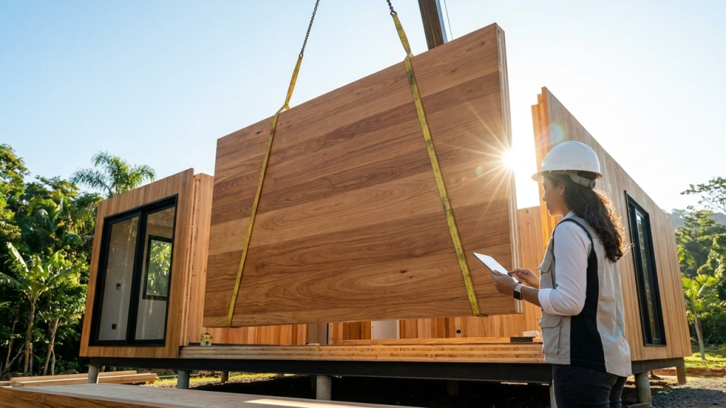 Projeto modular de 48 m² que utiliza madeira engenheirada para uma montagem ultrarrápida, transformando a obra em um processo de montagem de alta precisão.