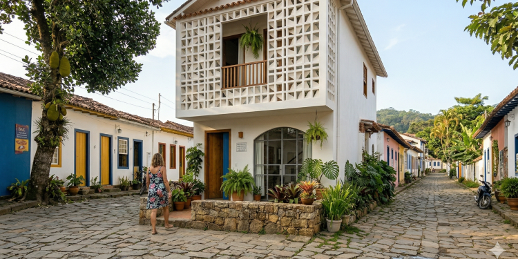 Projeto de casa de vila com fachada de cobogós de 72 metros quadrados