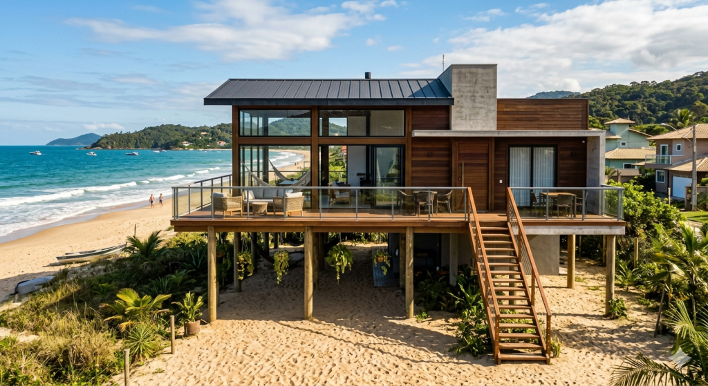Casa de praia com palafitas modernas de 82 metros quadrados
