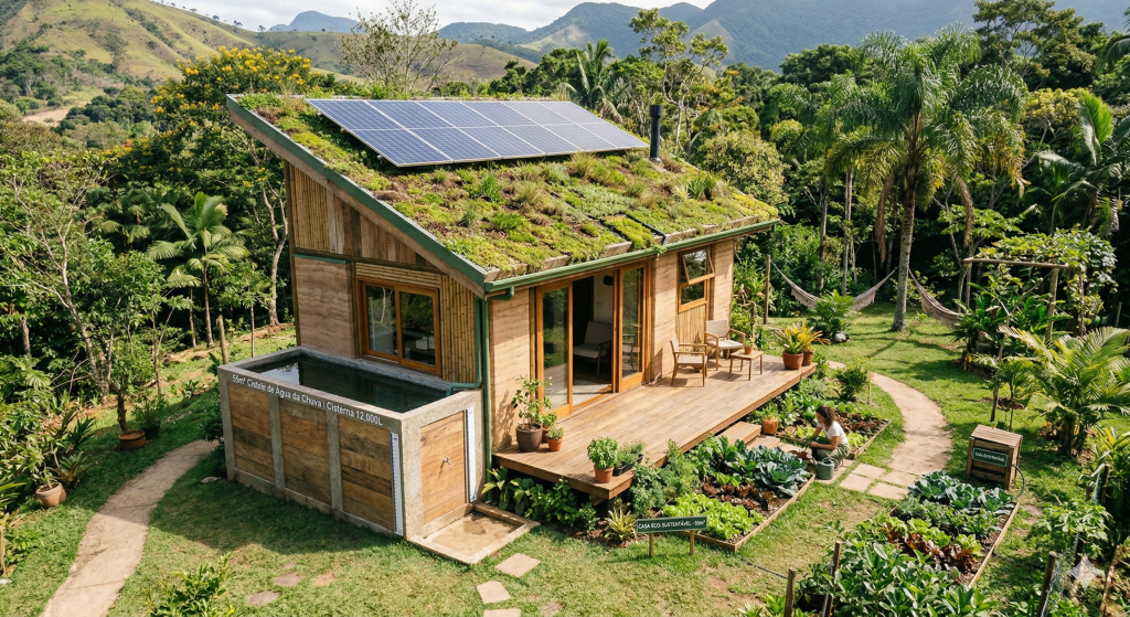 Casa sustentável com cisterna embutida de 55 metros quadrados