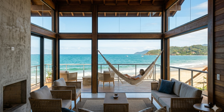 Casa de praia com palafitas modernas de 82 metros quadrados