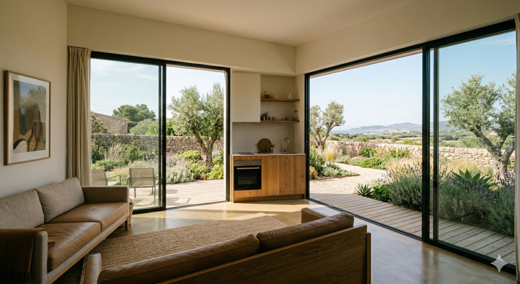 Casa minimalista com esquadrias de alumínio de 64 metros quadrados conecta o interior ao jardim com vãos totais de luz