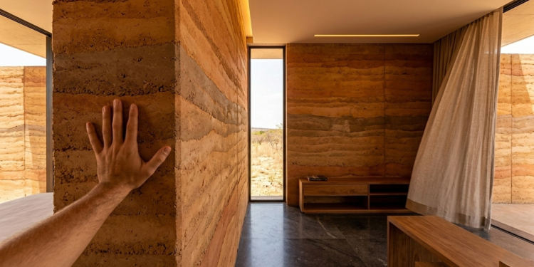 Residência de 65 metros quadrados que utiliza solo local e tecnologia de compressão para criar paredes esculturais com desempenho térmico natural superior.