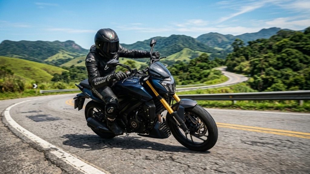 Motocicleta Bajaj em alta velocidade em uma rodovia brasileira.