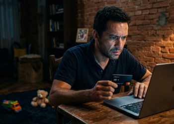 Homem em conflito emocional segurando cartão diante do notebook.