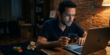 Homem em conflito emocional segurando cartão diante do notebook.