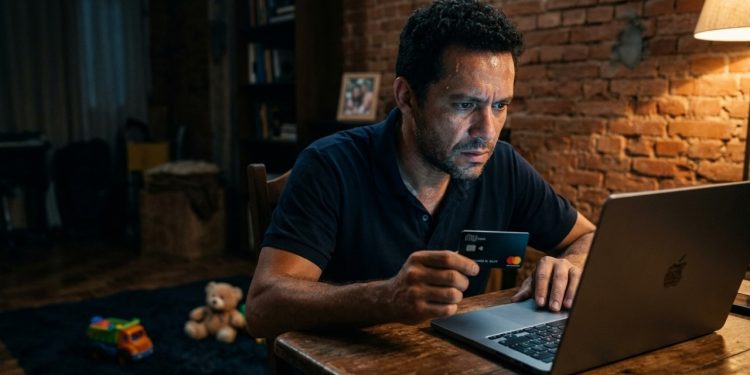 Homem em conflito emocional segurando cartão diante do notebook.