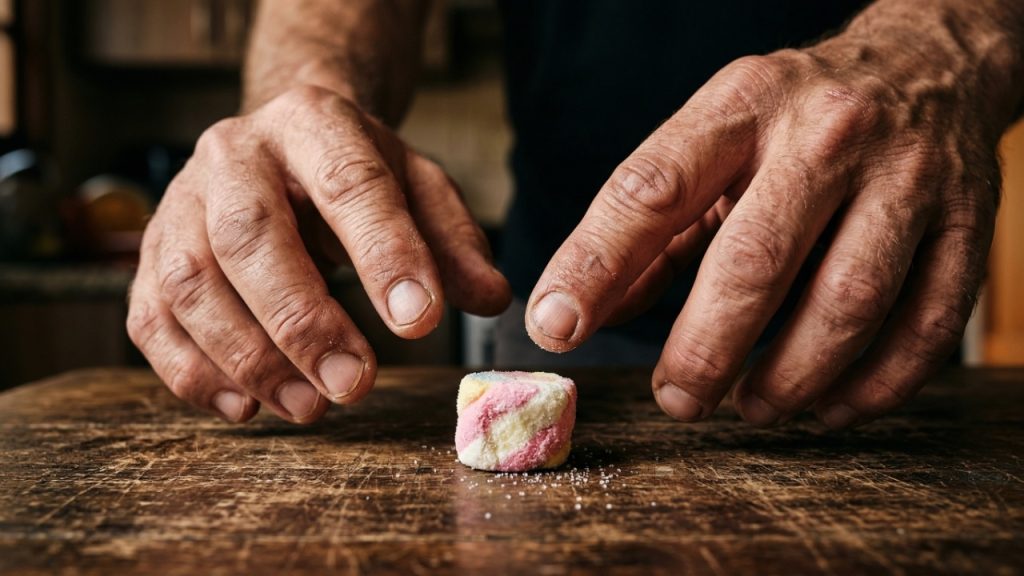 Close macro de mãos hesitando diante de um doce sobre a mesa.