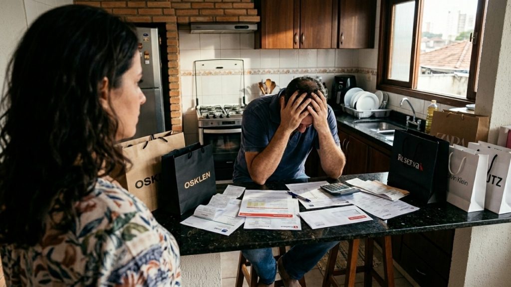 Casal em crise financeira cercado por contas e sacolas de compras.